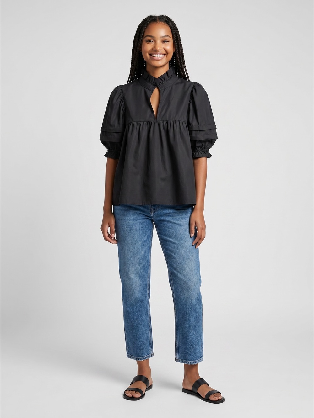 Jade Melody Tam Black Cotton Babydoll Blouse Ruffle Collar Puff Sleeve Top L